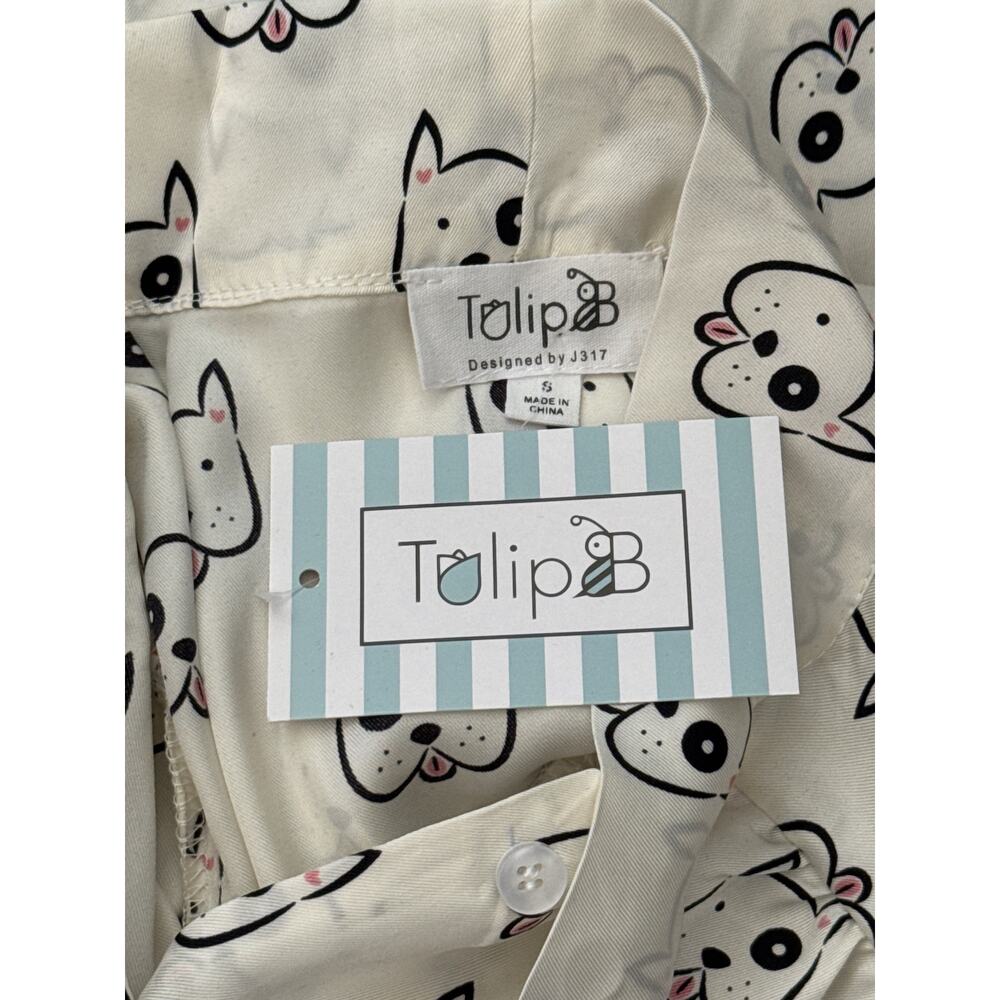Unique Vintage Tulip B White Dog Tie Neck Long Sleeve Blouse S NWT - Picture 5 of 6